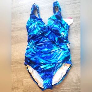NWT Croft & Barrow Women's One Piece Swimsuit Blue Tummy Slimmer Size 16